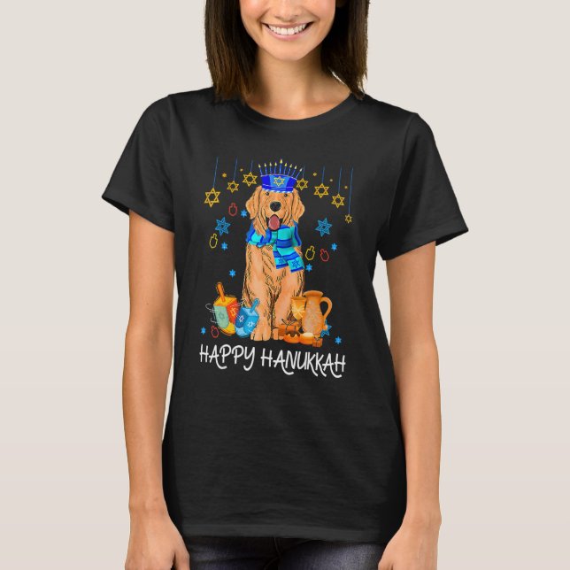 Cute Jewish Golden Retriever Dog Menorah Hat Hanuk T-Shirt (Front)