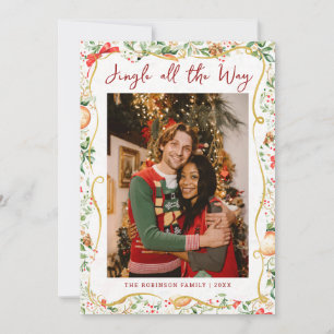 Cute Jingle Christmas Greenery Pattern 1 Photo Holiday Card