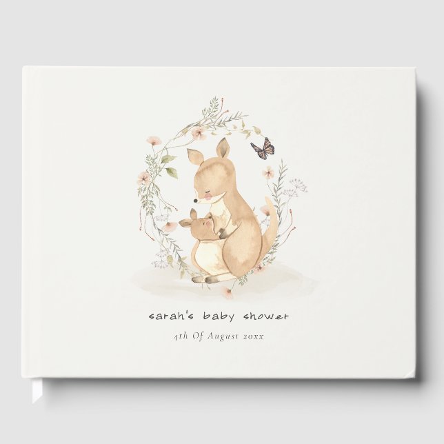 Cute Joey Mama Kangaroo Floral Wreath Baby Shower Guest Book (Front)