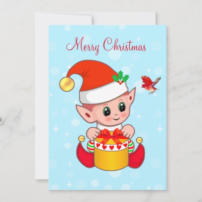 Cute Jolly Christmas elf & cardinal bird (Front)