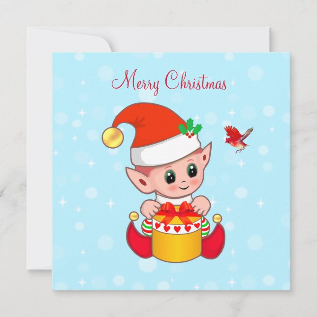 Cute Jolly Christmas elf & cardinal bird (Front)