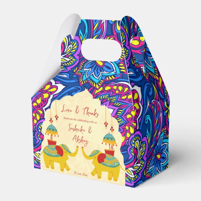 Cute jolly Indian wedding elephants yellow blue Favour Box (Front Side)