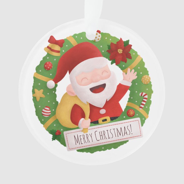 Cute Jolly Santa Claus Christmas Wreath Ornament (Front)
