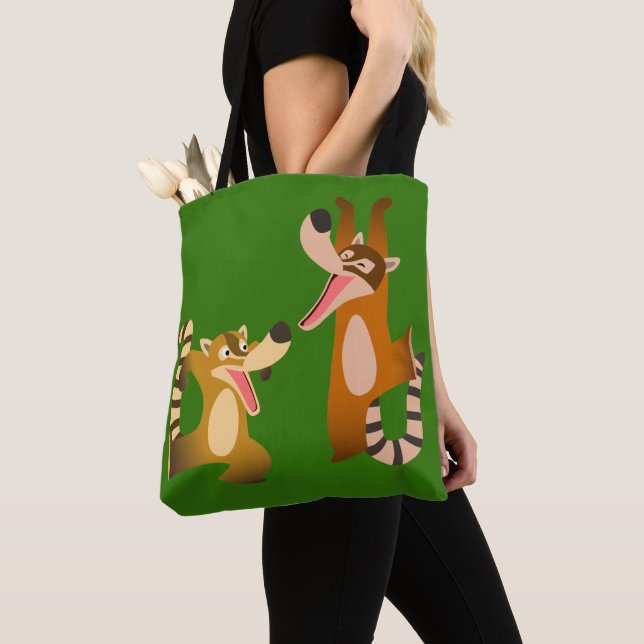 Cute Joyful Cartoon Coatimundis Tote Bag (Close Up)