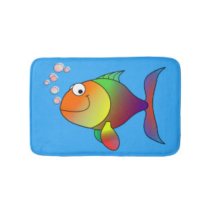 Cute Joyful Goldfish in Sea, Light Blue Bath Mat
