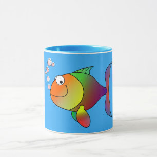 Cute Joyful Goldfish in Sea, Light Blue Mug
