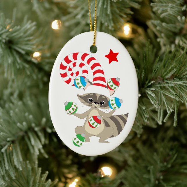 Cute Juggling Racoon Kids Christmas Ceramic Ornament (Tree)