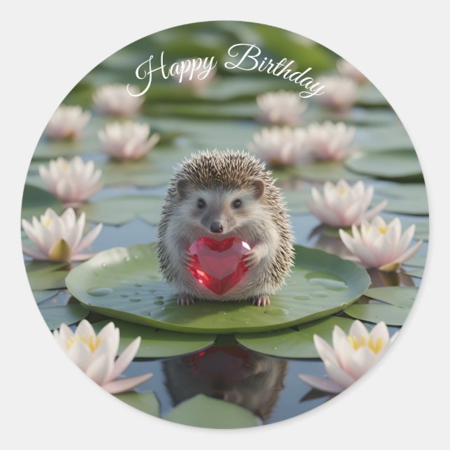 Cute July Hedgehog with Ruby Heart Classic Round Sticker (Front)