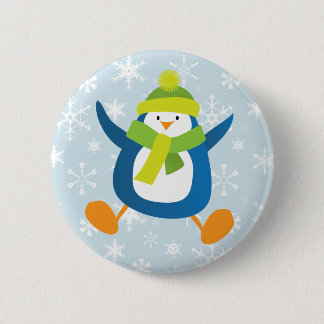 Cute Jumping Blue Penguin Button / Pin Badge