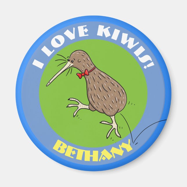 Cute jumping happy kiwi bird with bow tie cartoon magnet (Front)