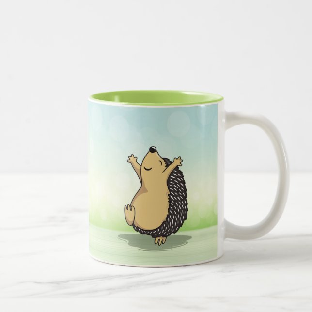 Cute Jumping Hedgehog Green Two-Tone Coffee Mug (Right)
