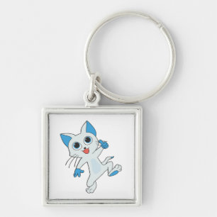 CUTE JUMPING LIGHT CYAN KITTEN WITH BLUE EYES,EARS KEY RING
