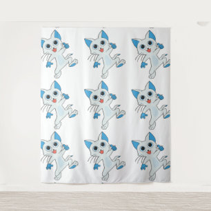 CUTE JUMPING LIGHT CYAN KITTEN WITH BLUE EYES,EARS TAPESTRY