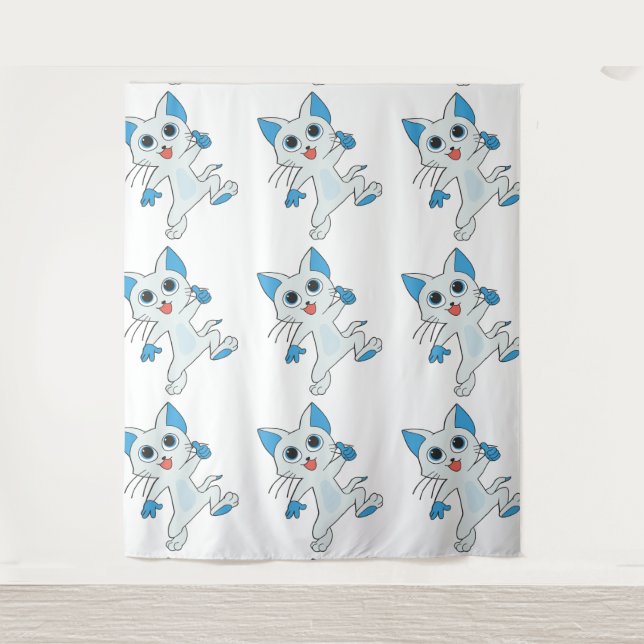 CUTE JUMPING LIGHT CYAN KITTEN WITH BLUE EYES,EARS TAPESTRY (Front)