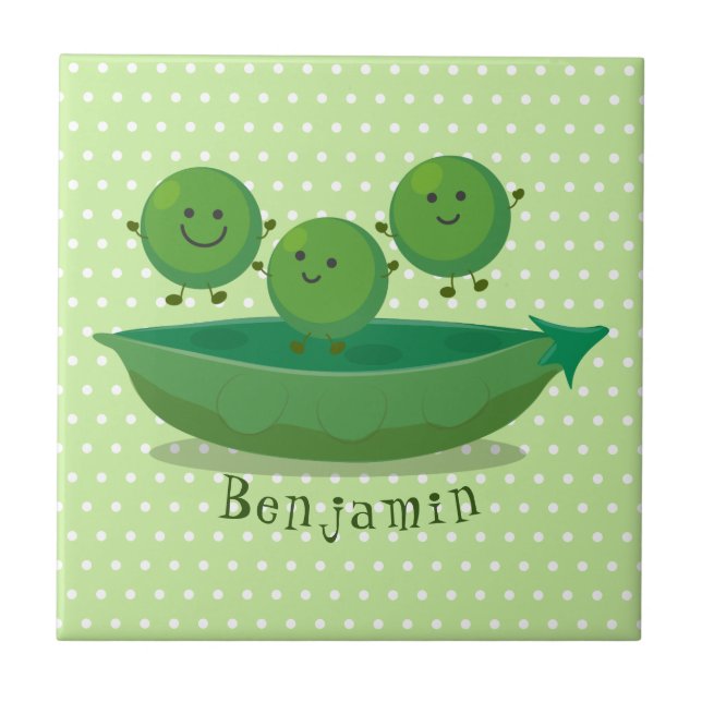 Cute jumping peas in pod cartoon illustration ceramic tile (Front)