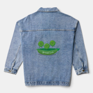 Cute jumping peas in pod cartoon illustration denim jacket