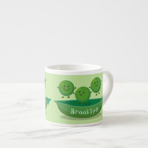Cute jumping peas in pod cartoon illustration espresso cup