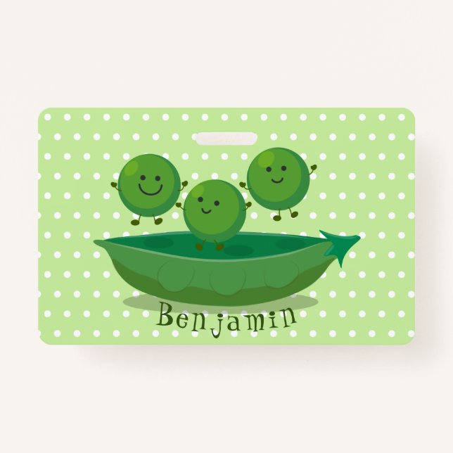 Cute jumping peas in pod cartoon illustration ID badge (Front)