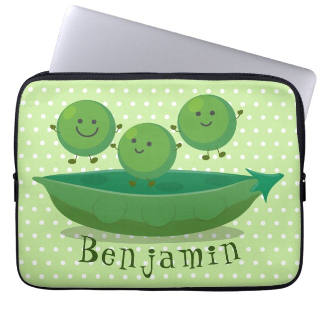 Cute jumping peas in pod cartoon illustration laptop sleeve (Front)