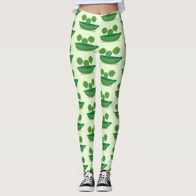 Cute jumping peas in pod cartoon illustration leggings (Front)