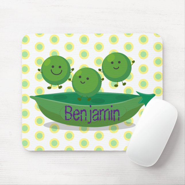 Cute jumping peas in pod cartoon illustration mouse pad (With Mouse)