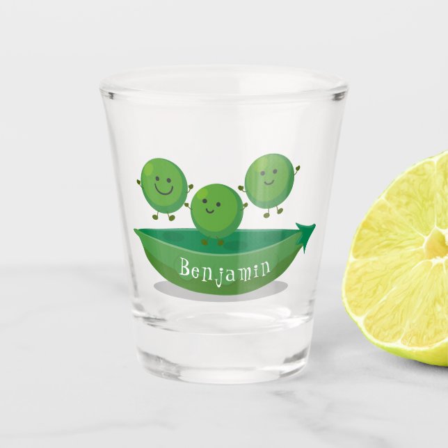 Cute jumping peas in pod cartoon illustration  shot glass (Front)