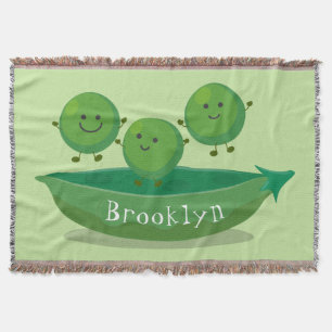 Cute jumping peas in pod cartoon illustration throw blanket