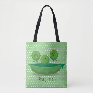 Cute jumping peas in pod cartoon illustration tote bag