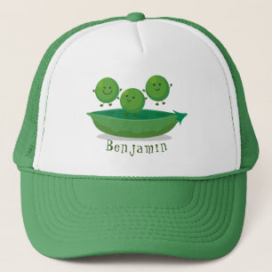 Cute jumping peas in pod cartoon illustration trucker hat
