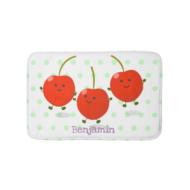 Cute jumping red cherries cartoon illustration bath mat (Front)