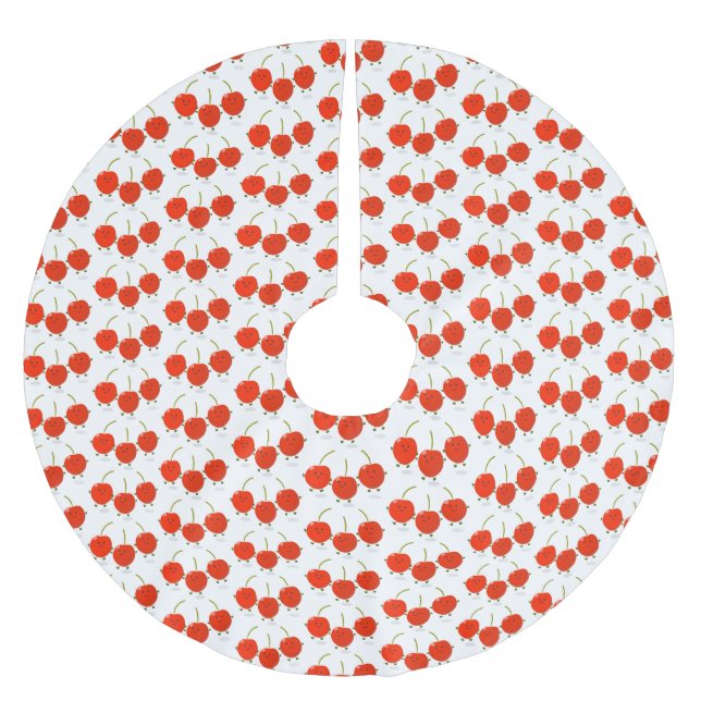 Cute jumping red cherries cartoon illustration brushed polyester tree skirt (Front)