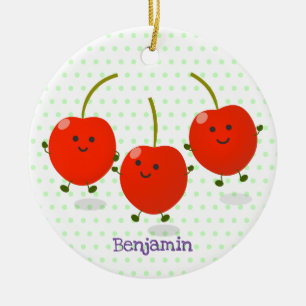 Cute jumping red cherries cartoon illustration ceramic ornament
