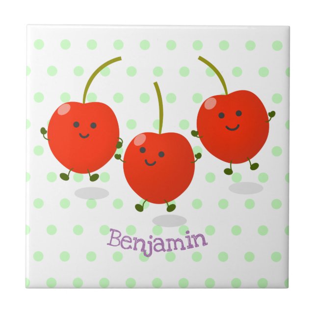 Cute jumping red cherries cartoon illustration ceramic tile (Front)