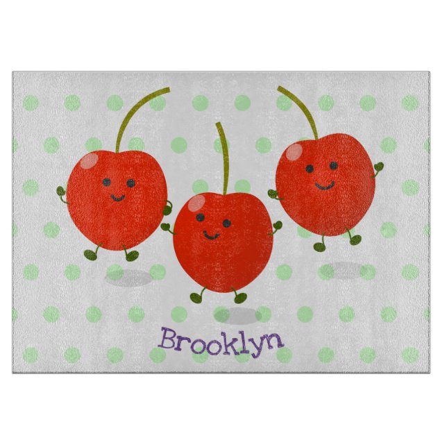 Cute jumping red cherries cartoon illustration cutting board (Front)