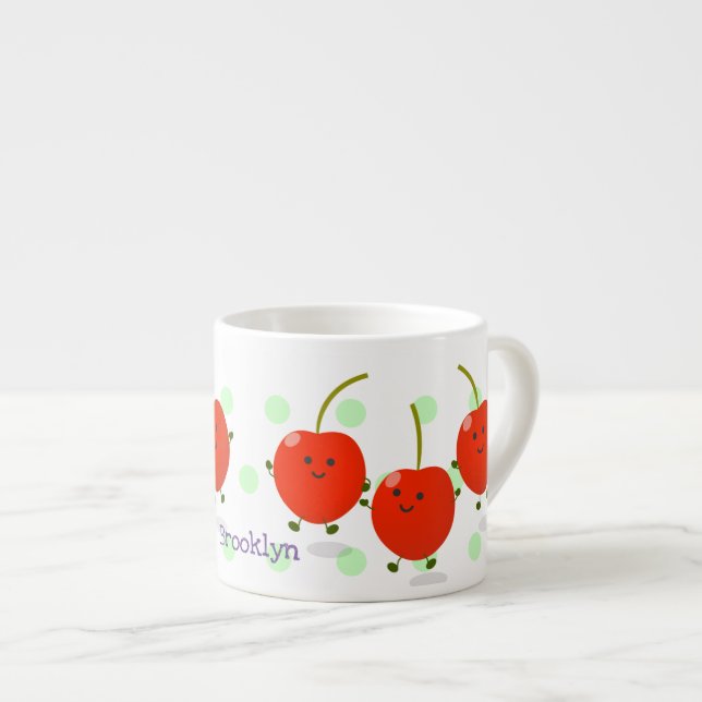 Cute jumping red cherries cartoon illustration espresso cup (Front Right)