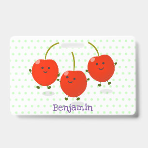 Cute jumping red cherries cartoon illustration ID badge