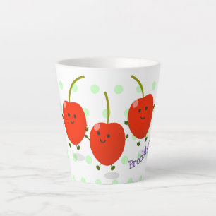 Cute jumping red cherries cartoon illustration latte mug