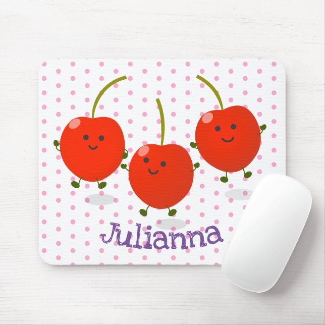 Cute jumping red cherries cartoon illustration mouse pad (With Mouse)