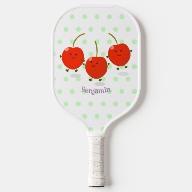 Cute jumping red cherries cartoon illustration pickleball paddle (Front)