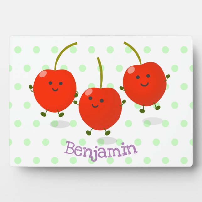 Cute jumping red cherries cartoon illustration plaque (Front)