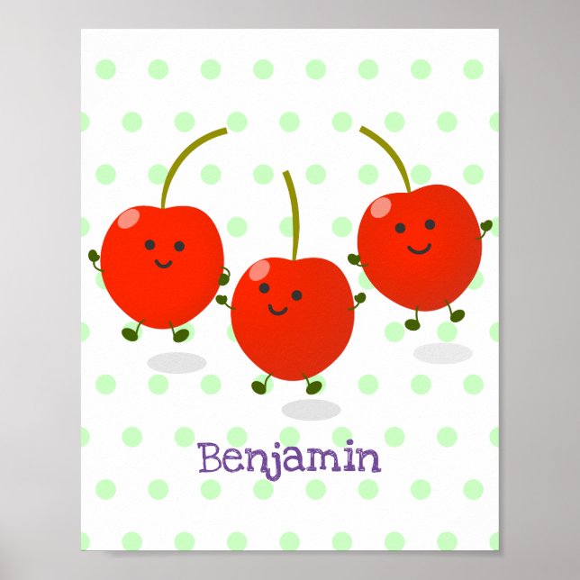 Cute jumping red cherries cartoon illustration poster (Front)