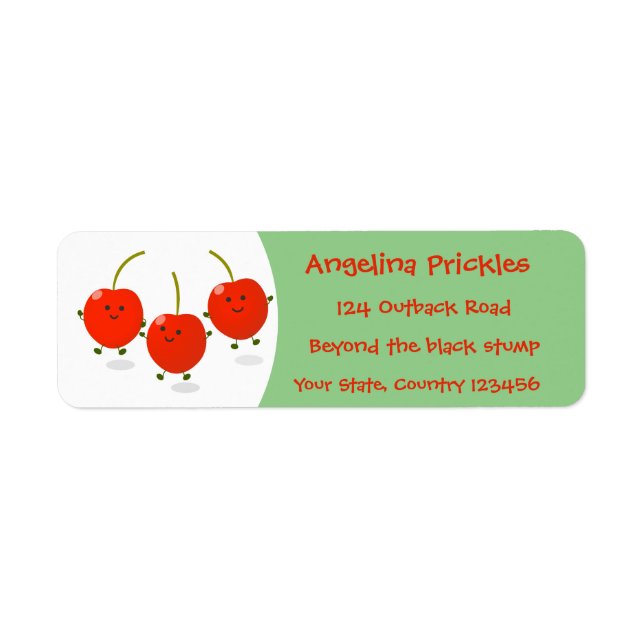 Cute jumping red cherries cartoon illustration return address label (Front)