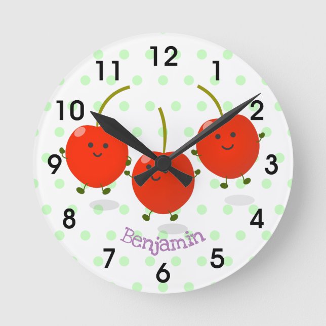 Cute jumping red cherries cartoon illustration round clock (Front)