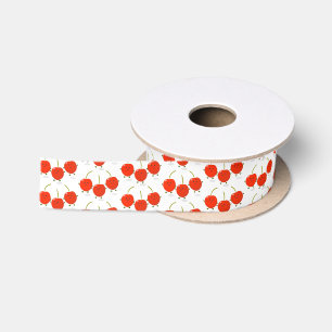 Cute jumping red cherries cartoon illustration satin ribbon