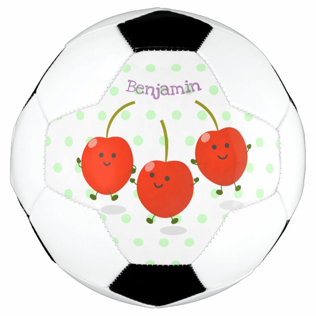 Cute jumping red cherries cartoon illustration soccer ball (Front)