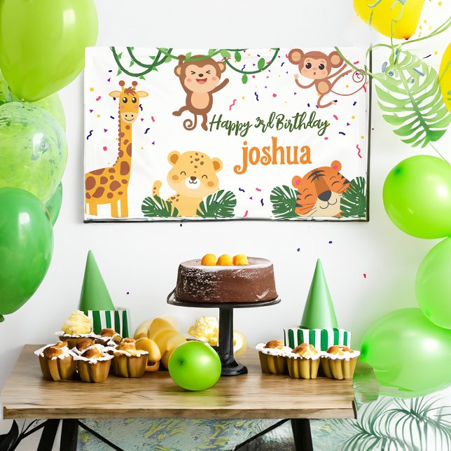 Cute jungle animal party Happy Birthday banner (Cute jungle animal party personalized banner tiger leopard giraffe monkey birthday party banner)