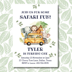 Cute Jungle Animal Safari 1st Birthday Party Invitation