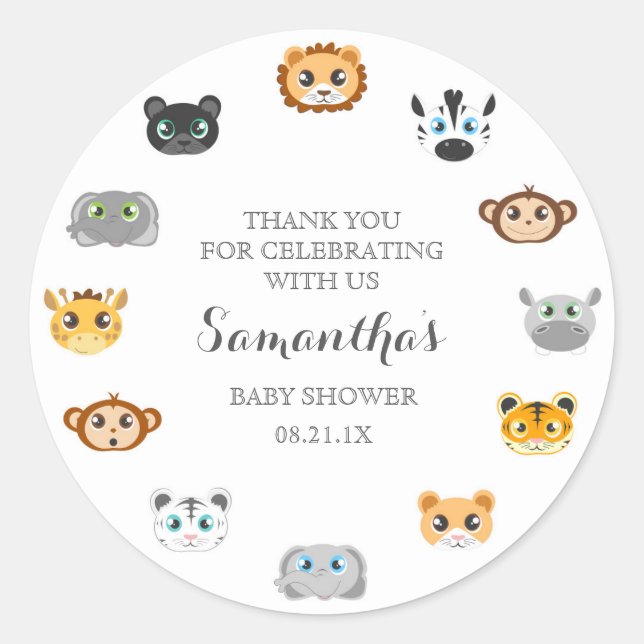 Cute Jungle Animal Theme Baby Shower Thank You Classic Round Sticker (Front)