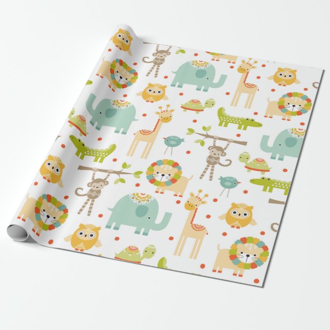 Cute Jungle Animal Wrapping Paper (Unrolled)