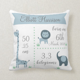 Cute Jungle Animals Baby Boy Announcement Pillow